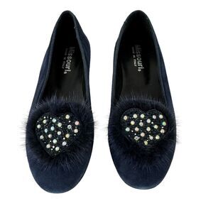 Missouri Italian Shoes Suede Leather Flats Fur Heart Embellished Navy EU34 US3.5